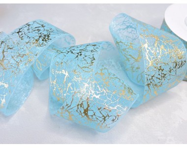 Органза 40 мм "Узор", цв. золото/голубой - 1 м.