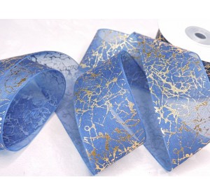 Органза 40 мм "Узор", цв. золото/синий - 1 м.