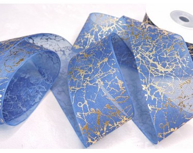 Органза 40 мм "Узор", цв. золото/синий - 1 м.