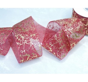 Органза 40 мм "Узор", цв. золото/бордовый - 1 м.