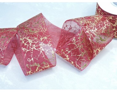 Органза 40 мм "Узор", цв. золото/бордовый - 1 м.