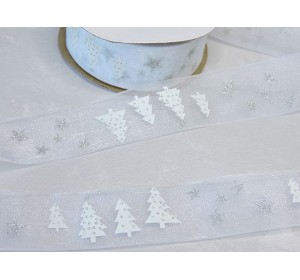 Лента органза 25 мм "Елочки", цв. белый/серебро - 1 м.