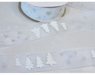 Лента органза 25 мм "Елочки", цв. белый/серебро - 1 м.