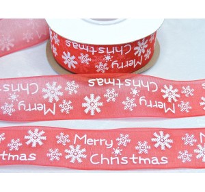 Лента органза 25 мм,"Merry Christmas", красный - 1 м.