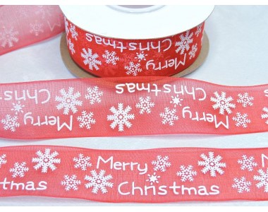 Лента органза 25 мм,"Merry Christmas", красный - 1 м.