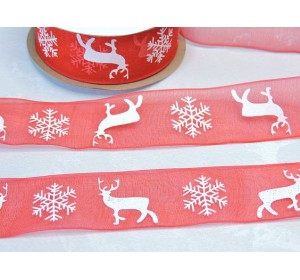 Лента органза 25 мм "Олени". цв. красный - 1 м.