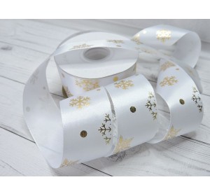 Лента атласная 40 мм с рисунком "Снежинки" - 1 м.