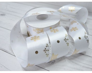 Лента атласная 40 мм с рисунком "Снежинки" - 1 м.