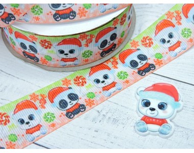 Лента репсовая 25 мм с рисунком "Мишка и панда" - 1 м.