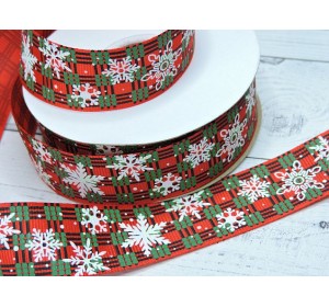 Лента репсовая 25 мм, с рисунком "Новогодняя" - 1 м.