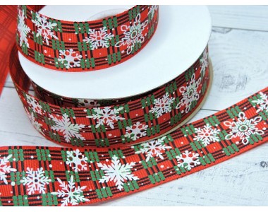 Лента репсовая 25 мм, с рисунком "Новогодняя" - 1 м.