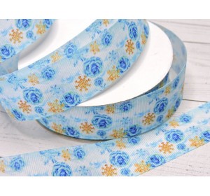 Лента репсовая 25 мм с рисунком"Снежинки и розочки" - 1 м.