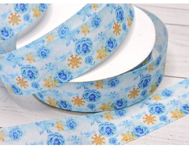 Лента репсовая 25 мм с рисунком"Снежинки и розочки" - 1 м.