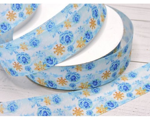 Лента репсовая 25 мм с рисунком"Снежинки и розочки" - 1 м.