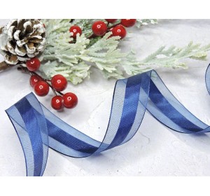 Лента органза с атласом 25 мм по середине полоска, цв. темно-синий  - 1 м.