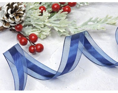 Лента органза с атласом 25 мм по середине полоска, цв. темно-синий  - 1 м.