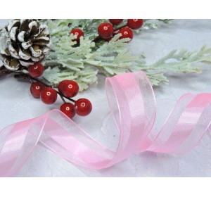 Лента органза с атласом 25 мм по середине полоска, цв. розовый  - 1 м.