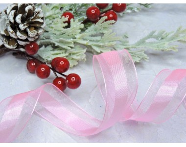 Лента органза с атласом 25 мм по середине полоска, цв. розовый  - 1 м.