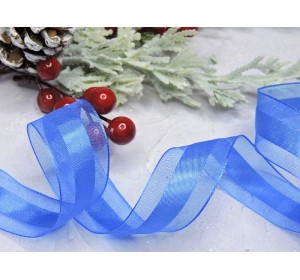Лента органза с атласом 25 мм по середине полоска, цв. синий  - 1 м.