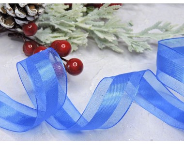 Лента органза с атласом 25 мм по середине полоска, цв. синий  - 1 м.