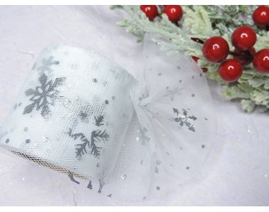 Фатин 5,5 см  со снежинками, цв. белый -1 м.