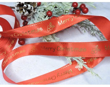 Лента атласная 25 мм с рисунком "Merry Christmas" цв. красный -  1 м.