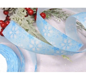 Лента репсовая 25 мм с рисунком "Снежинки" цв. голубой  - 1 м.