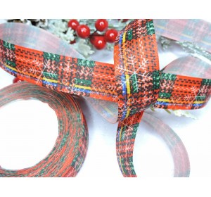 Лента репсовая 25 мм с рисунком "Снежинки" клетка   - 1 м.