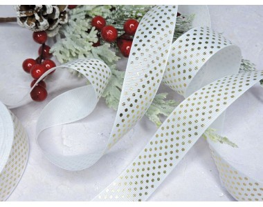 Репсовая лента 25 мм с рисунком "Горошек" цв. белый с золотом - 1 м.