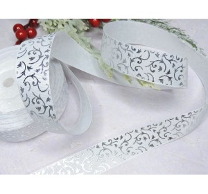 Репсовая лента 25 мм с рисунком "Завитушки" цв. белый с серебром - 1 м.