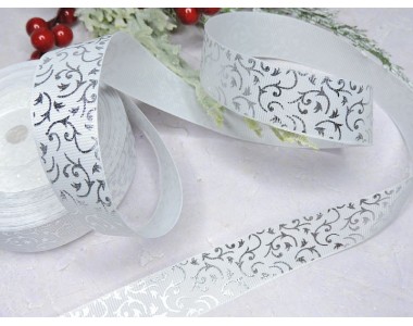 Репсовая лента 25 мм с рисунком "Завитушки" цв. белый с серебром - 1 м.