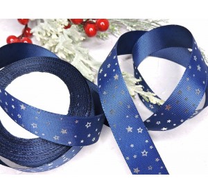 Репсовая лента 25 мм с рисунком "Звездочки" цв. темно-синий - 1 м.