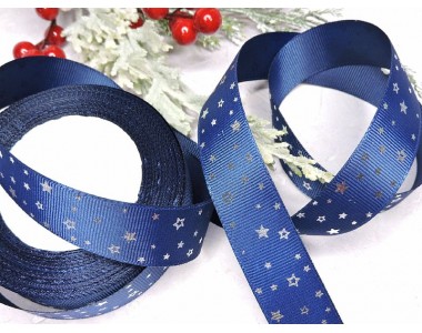 Репсовая лента 25 мм с рисунком "Звездочки" цв. темно-синий - 1 м.