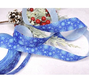 Лента репсовая 25 мм с рисунком "Снежинки" цв. синий  - 1 м.