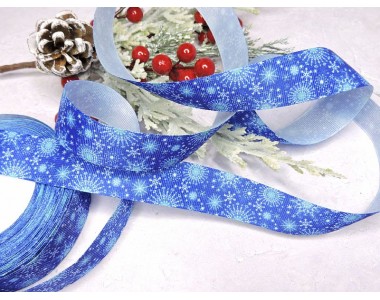 Лента репсовая 25 мм с рисунком "Снежинки" цв. синий  - 1 м.