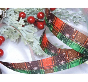 Лента репсовая 25 мм с рисунком "Снежинки, клетка" цв. красно-зеоеный  - 1 м.