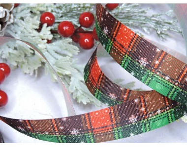Лента репсовая 25 мм с рисунком "Снежинки, клетка" цв. красно-зеоеный  - 1 м.