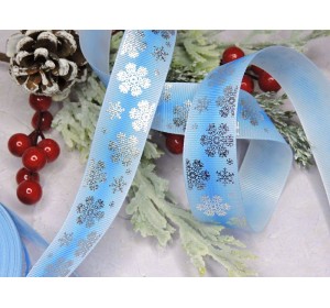 Лента репсовая 25 мм с рисунком "Серебряные снежинки", цв. светлоголубой  - 1 м.