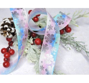 Лента репсовая 25 мм с рисунком "Серебряные снежинки", цв. розово-голубой  - 1 м.