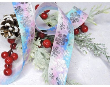 Лента репсовая 25 мм с рисунком "Серебряные снежинки", цв. розово-голубой  - 1 м.