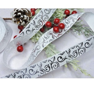 Репсовая лента 25 мм с рисунком " Узор серебро", цв. белый - 1 м.