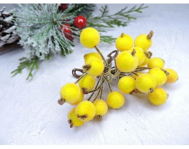Ягодки на веточке сахарные 10 мм, цв. желтые ( 12 ягод)