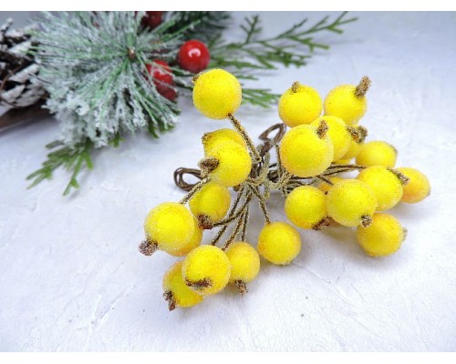 Ягодки на веточке сахарные 10 мм, цв. желтые ( 12 ягод)