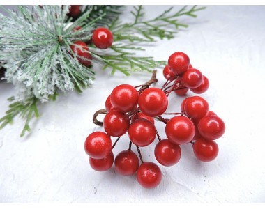 Ягоды на веточке глянец 10 мм , цв. алый - 1 пучок.