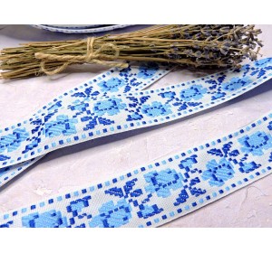 Лента отделочная жаккардовая  34 мм, цв. бело-голубой - 1 м.