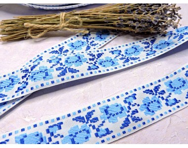 Лента отделочная жаккардовая  34 мм, цв. бело-голубой - 1 м.