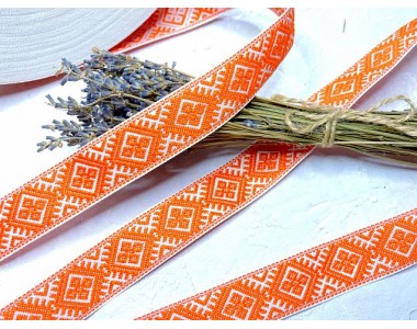 Лента отделочная жаккардовая 25 мм,  цв. бело-оранжевый - 1 м.