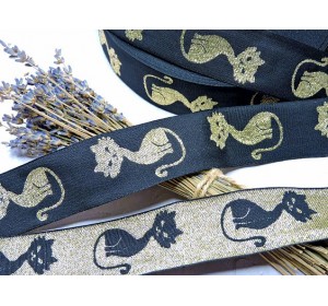 Лента отделочная 33 мм, цв. черный с котами - 1 м.