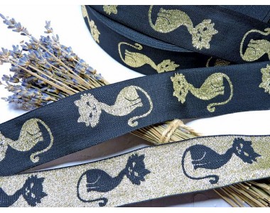 Лента отделочная 33 мм, цв. черный с котами - 1 м.