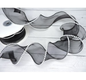 Лента органза 5 см с декоративным швом и бусинами, цв. черный - 1 м.